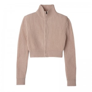 Beige Longchamp Zip Collar Short Women Cardigan | US-126SGZYKP