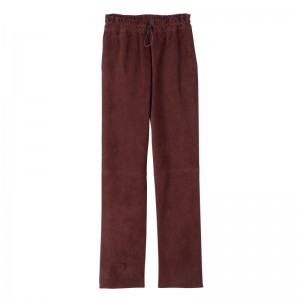 Burgundy Longchamp Leather Straight Women Pants | US-892IBKADU