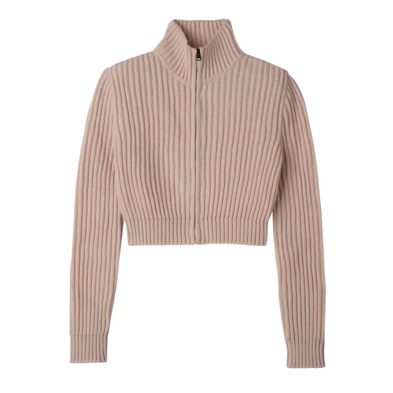 Beige Longchamp Zip Collar Short Women Cardigan | US-126SGZYKP