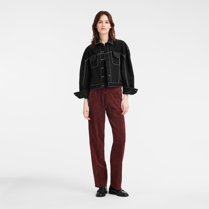 Burgundy Longchamp Leather Straight Women Pants | US-892IBKADU