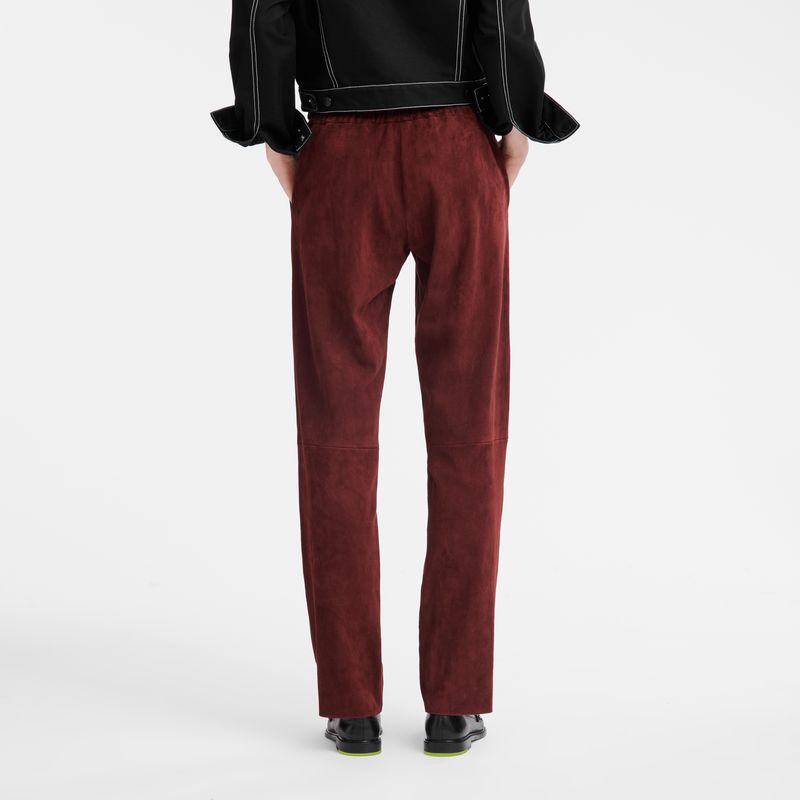Burgundy Longchamp Leather Straight Women Pants | US-892IBKADU