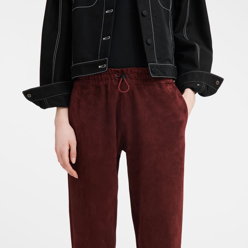 Burgundy Longchamp Leather Straight Women Pants | US-892IBKADU