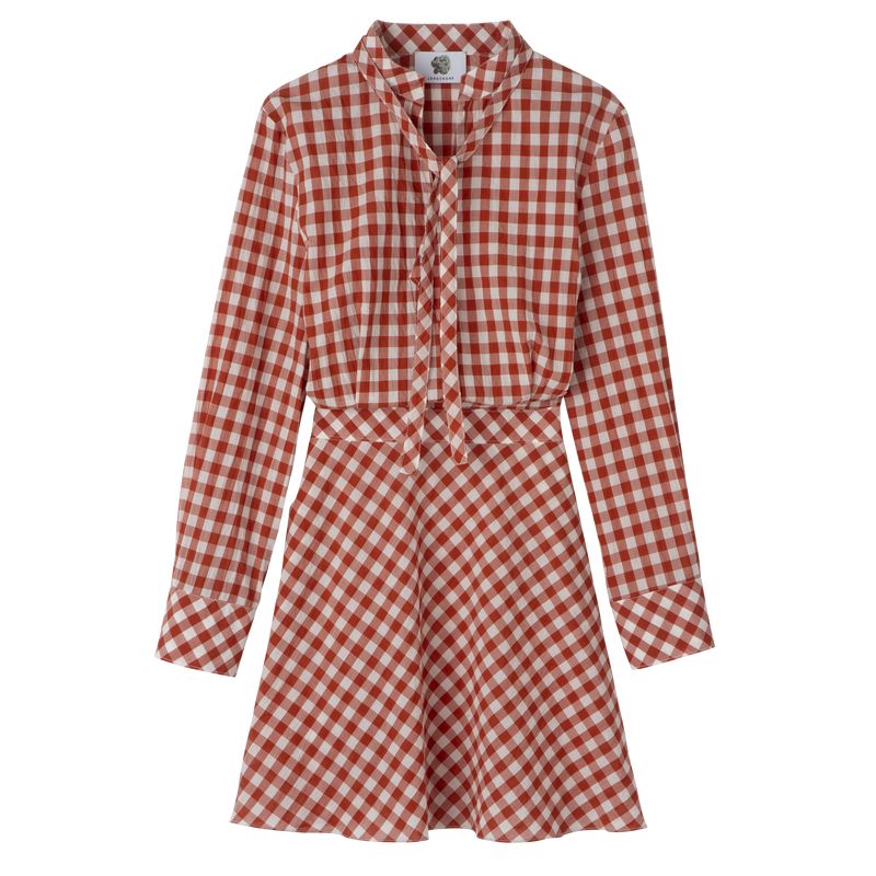 Coral / White Longchamp Vichy Jacquard Women Dress | US-478HJXBYN