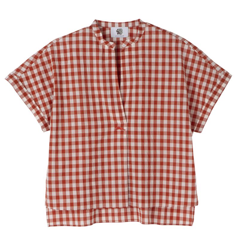 Coral / White Longchamp Vichy Jacquard Women Blouse | US-576QZCIEG