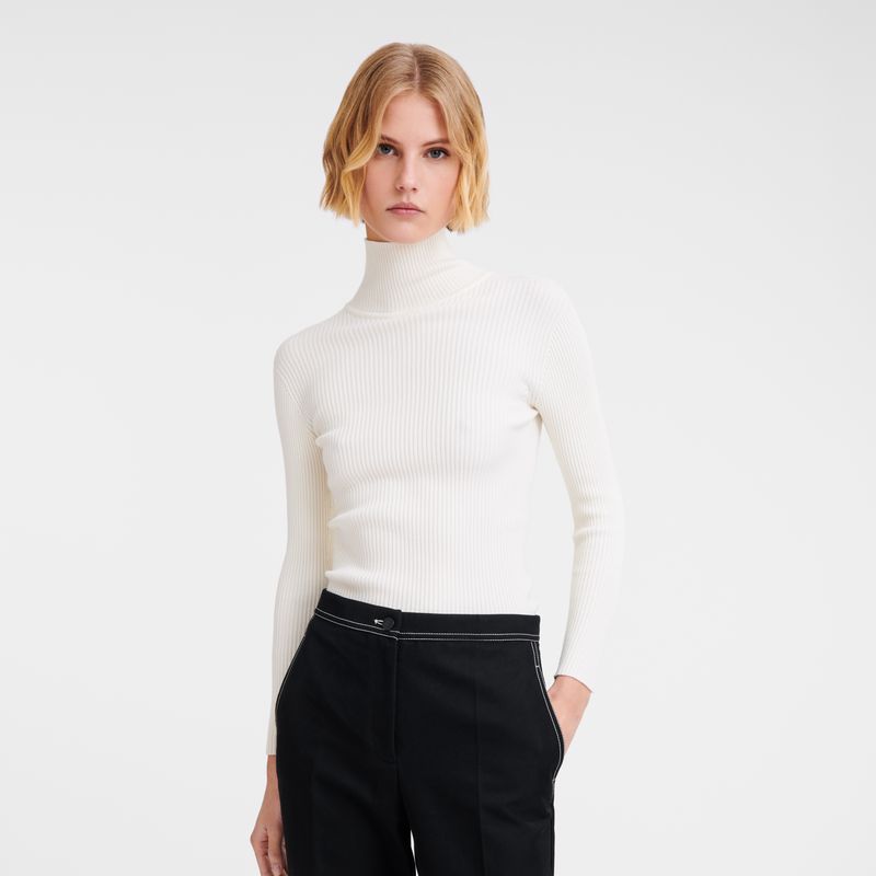 Cream Longchamp High Collar Fitted Women Jumper | US-046IZSKTL
