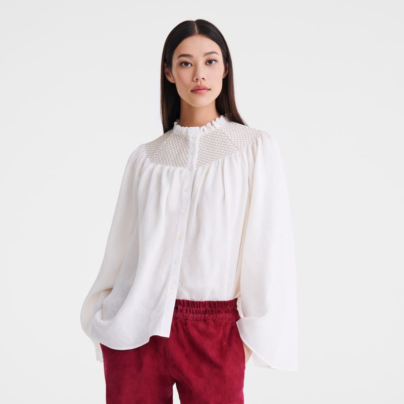 Cream Longchamp Smocked Veil Women Blouse | US-365ZAYJNT