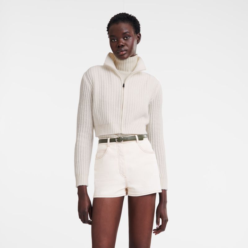 Cream Longchamp Zip Collar Short Women Cardigan | US-208XKEOBS