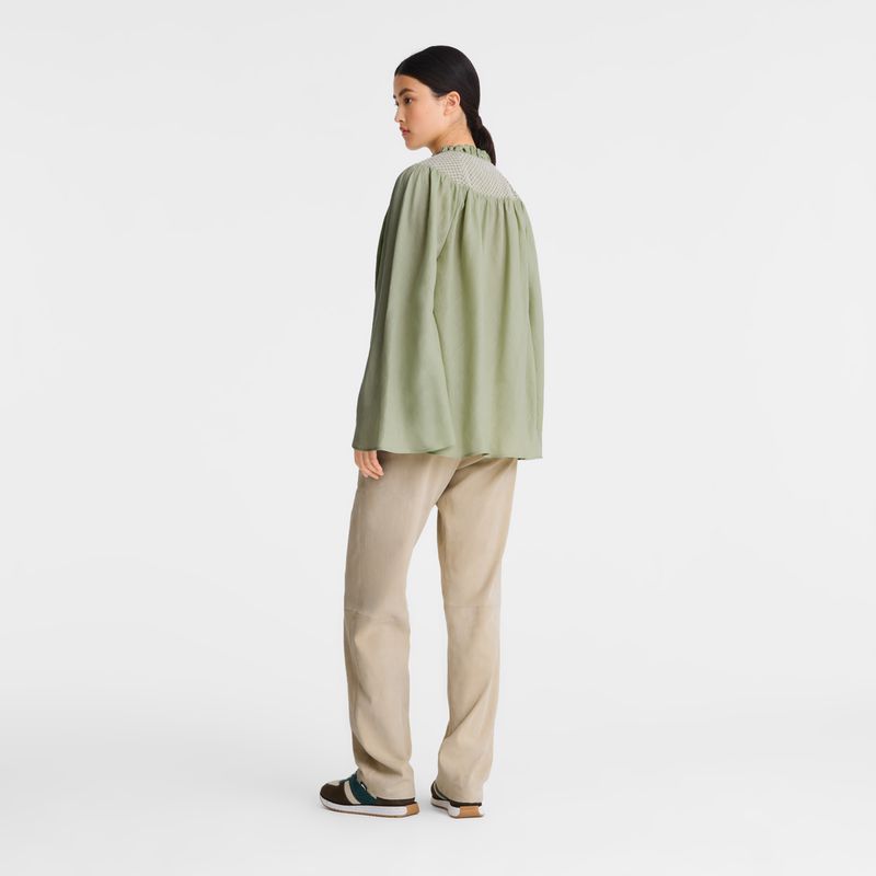 Green Longchamp Smocked Veil Women Blouse | US-017CMJKIN