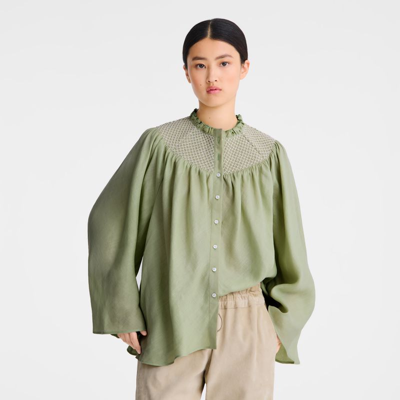Green Longchamp Smocked Veil Women Blouse | US-017CMJKIN