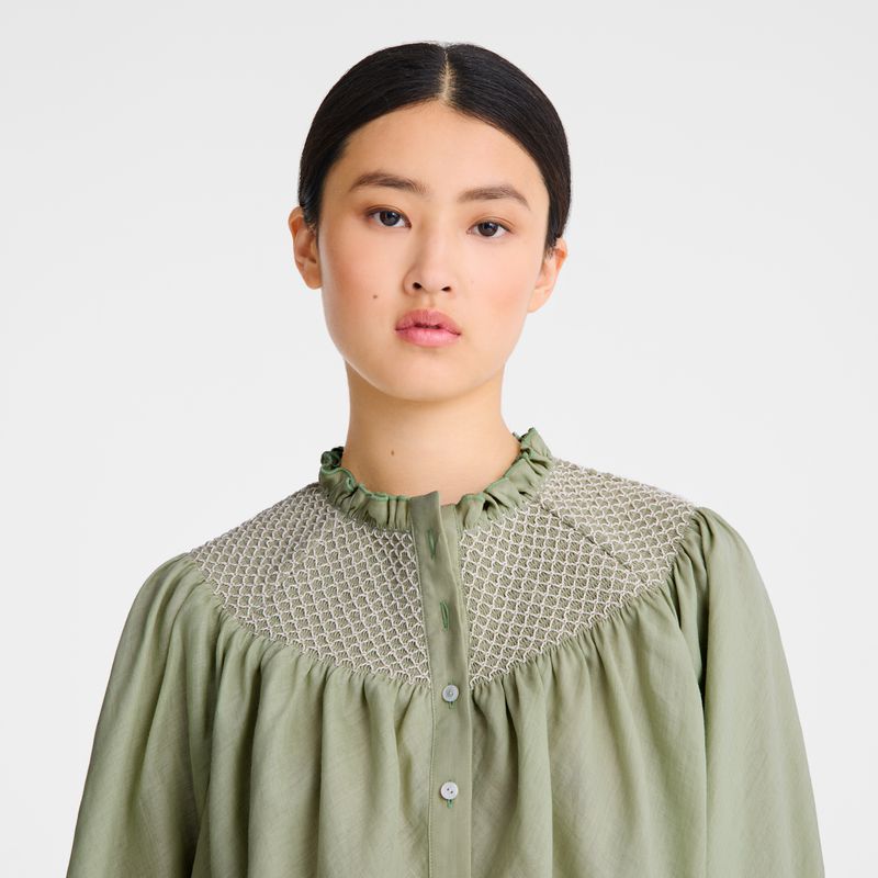 Green Longchamp Smocked Veil Women Blouse | US-017CMJKIN