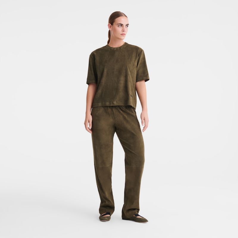 Khaki Longchamp Leather Straight Women Pants | US-170VSPUJY