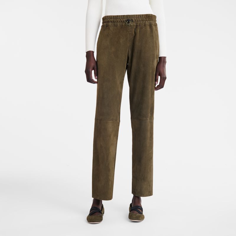 Khaki Longchamp Leather Straight Women Pants | US-170VSPUJY