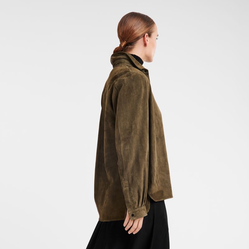 Khaki Longchamp Straight Leather Women Shirts | US-583MTAJGF