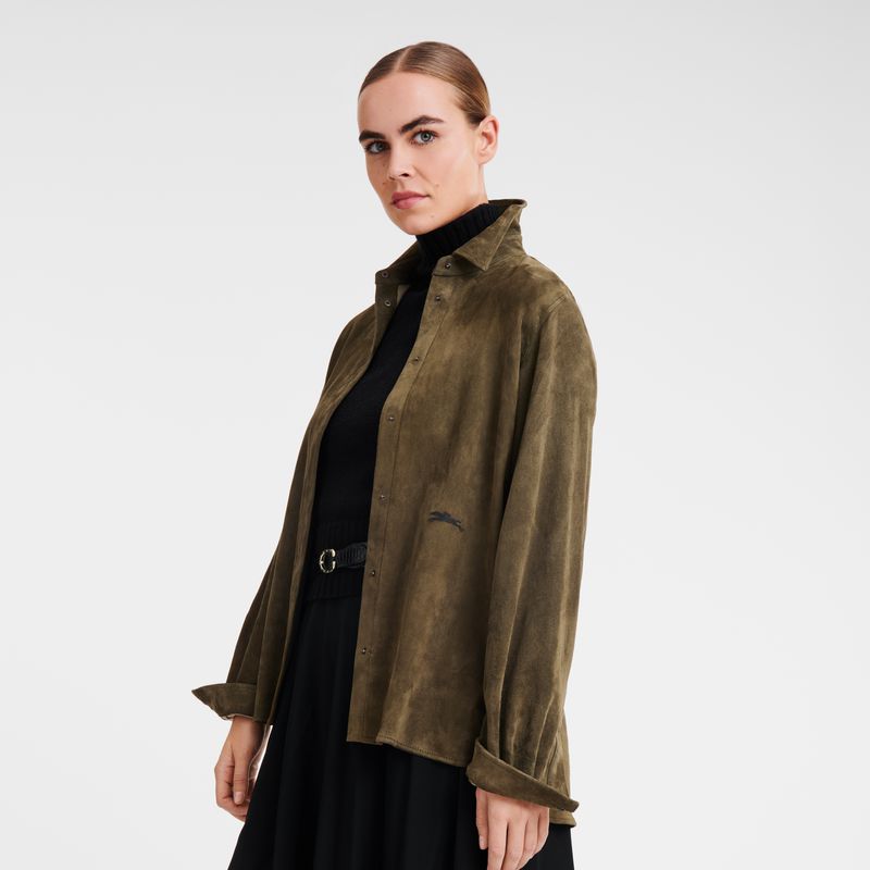 Khaki Longchamp Straight Leather Women Shirts | US-583MTAJGF