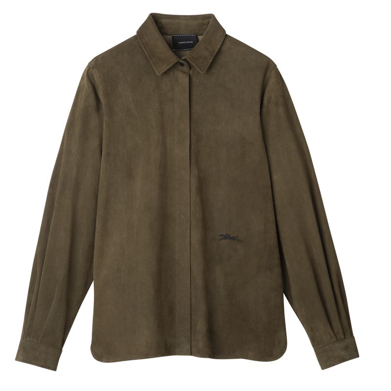 Khaki Longchamp Straight Leather Women Shirts | US-583MTAJGF