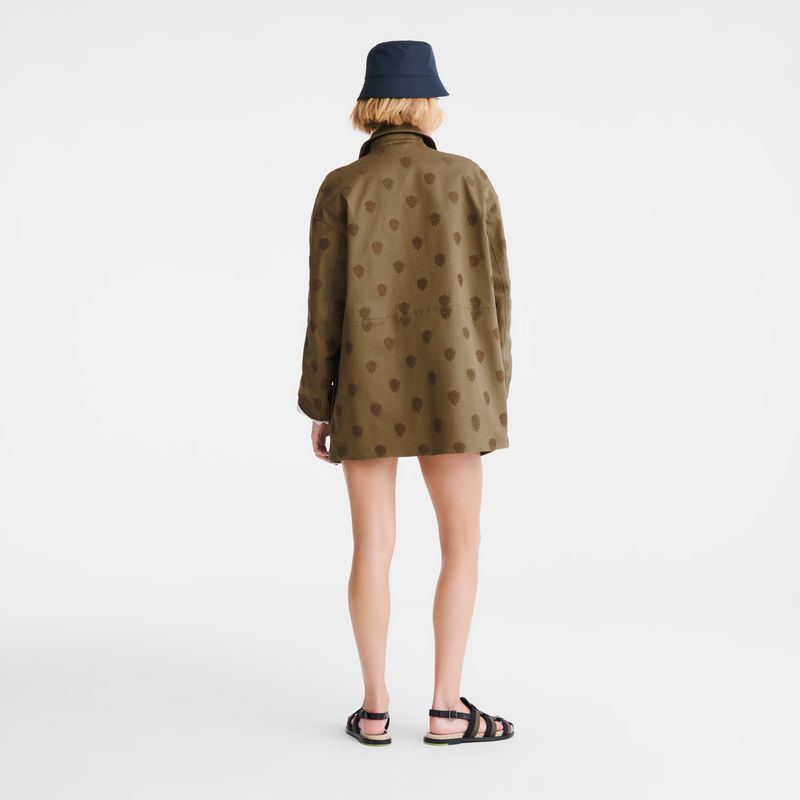 Olive Longchamp Embroidered Gabardine Women Coat | US-386YFCATQ