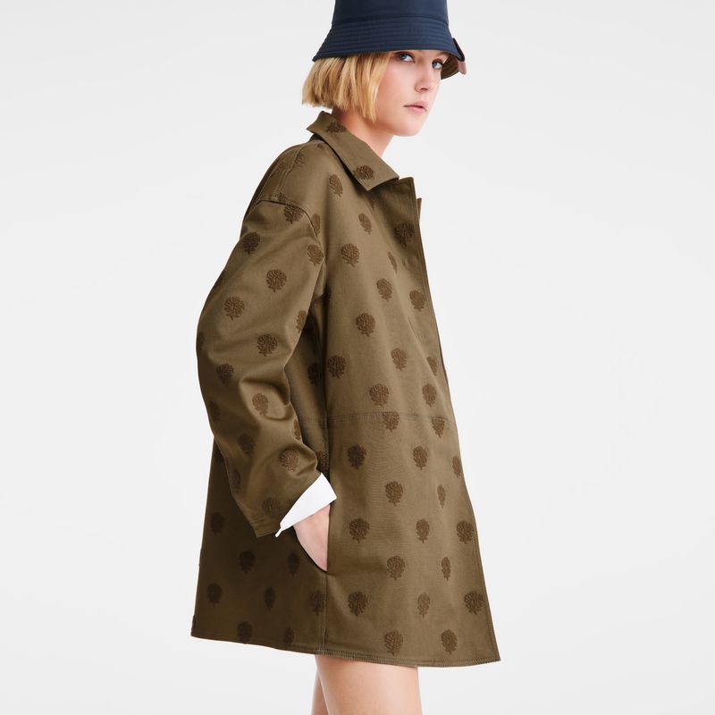 Olive Longchamp Embroidered Gabardine Women Coat | US-386YFCATQ