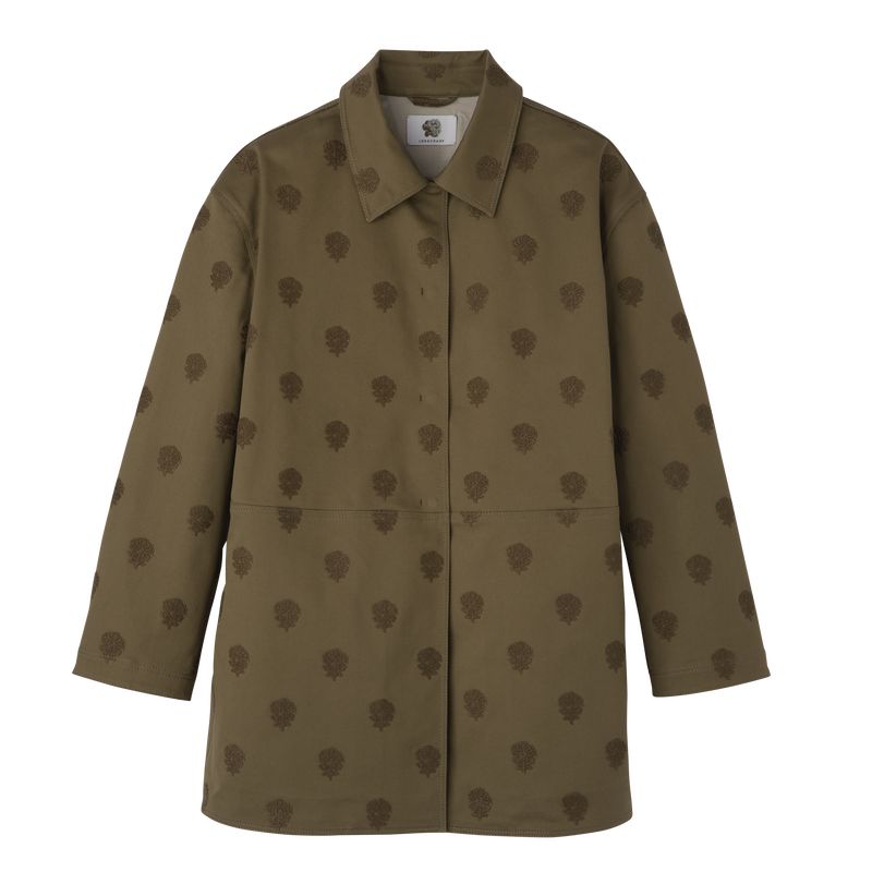 Olive Longchamp Embroidered Gabardine Women Coat | US-386YFCATQ