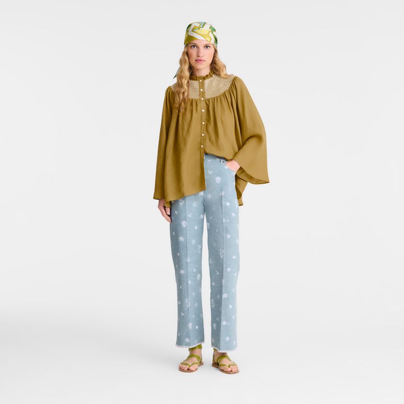 Olive Longchamp Smocked Veil Women Blouse | US-376QAKUVX
