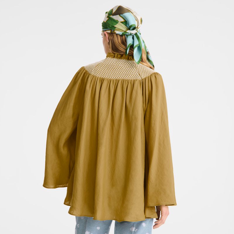 Olive Longchamp Smocked Veil Women Blouse | US-376QAKUVX