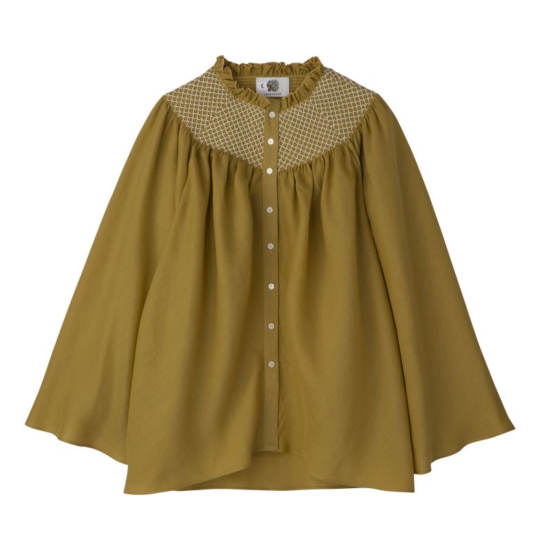 Olive Longchamp Smocked Veil Women Blouse | US-376QAKUVX