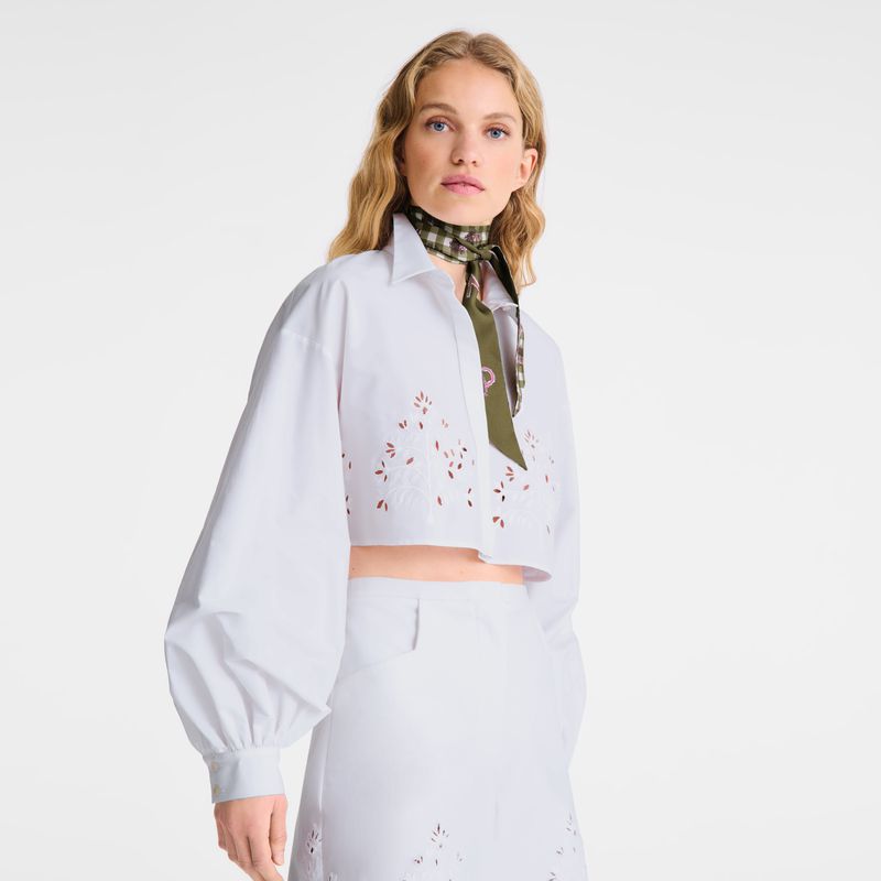 White Longchamp Poplin Embroidered Women Shirts | US-328GJKPFM