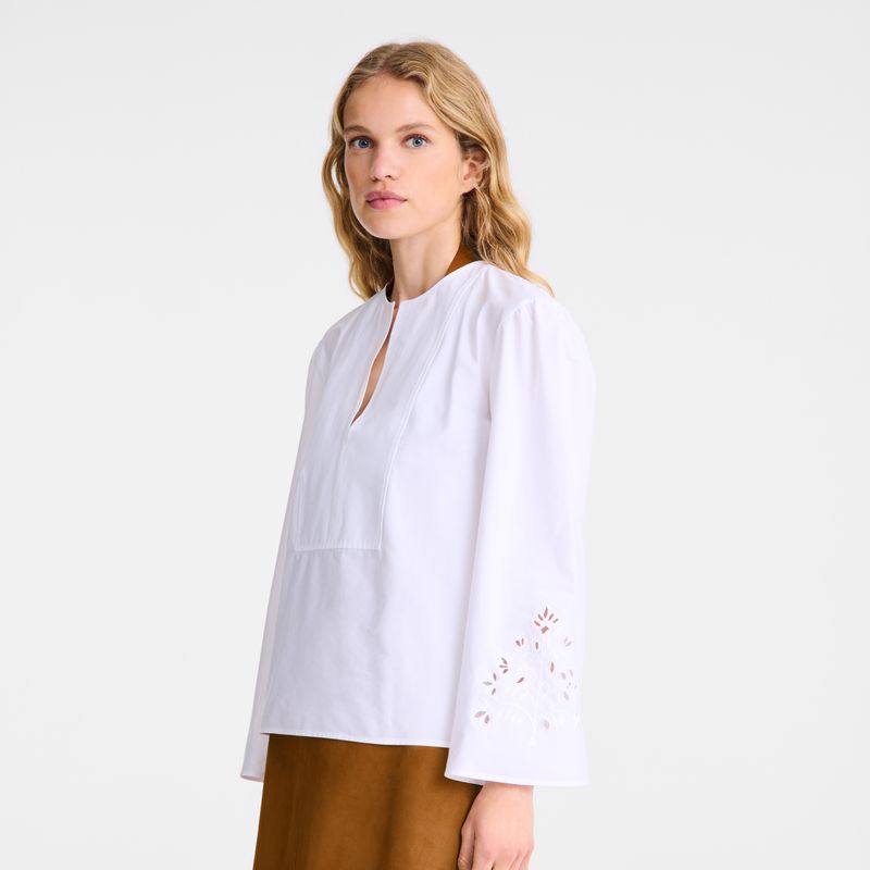 White Longchamp Poplin Embroidered Women Blouse | US-396RJGFHM