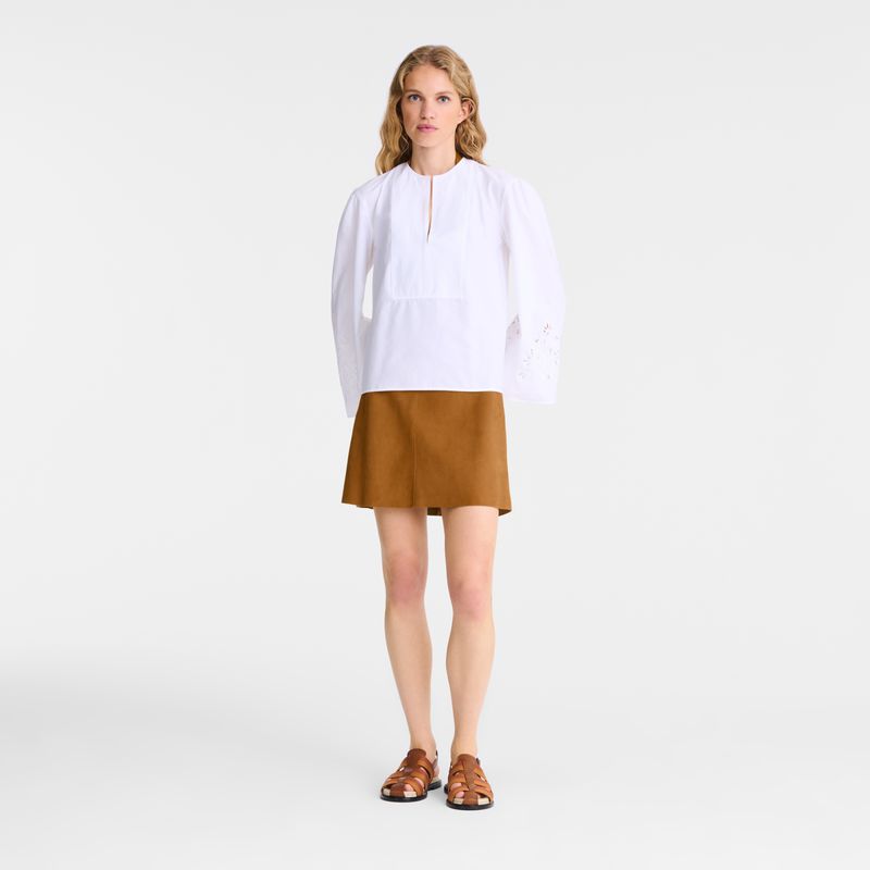 White Longchamp Poplin Embroidered Women Blouse | US-396RJGFHM