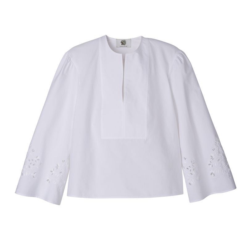 White Longchamp Poplin Embroidered Women Blouse | US-396RJGFHM
